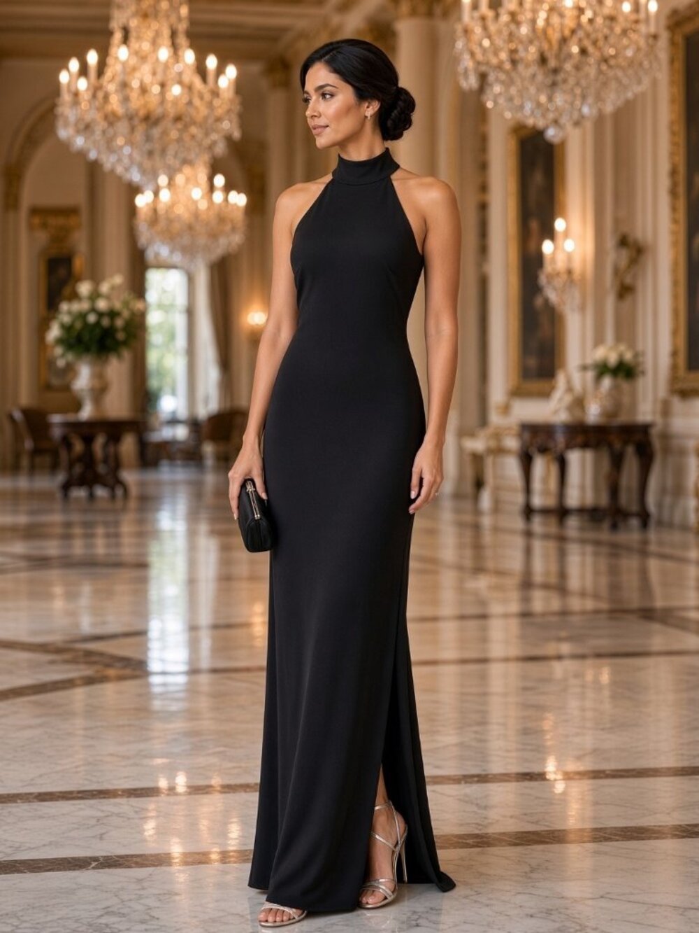 Belle by Badgley Mischka Reese Black Halter Crepe Gown Size 2 NWT